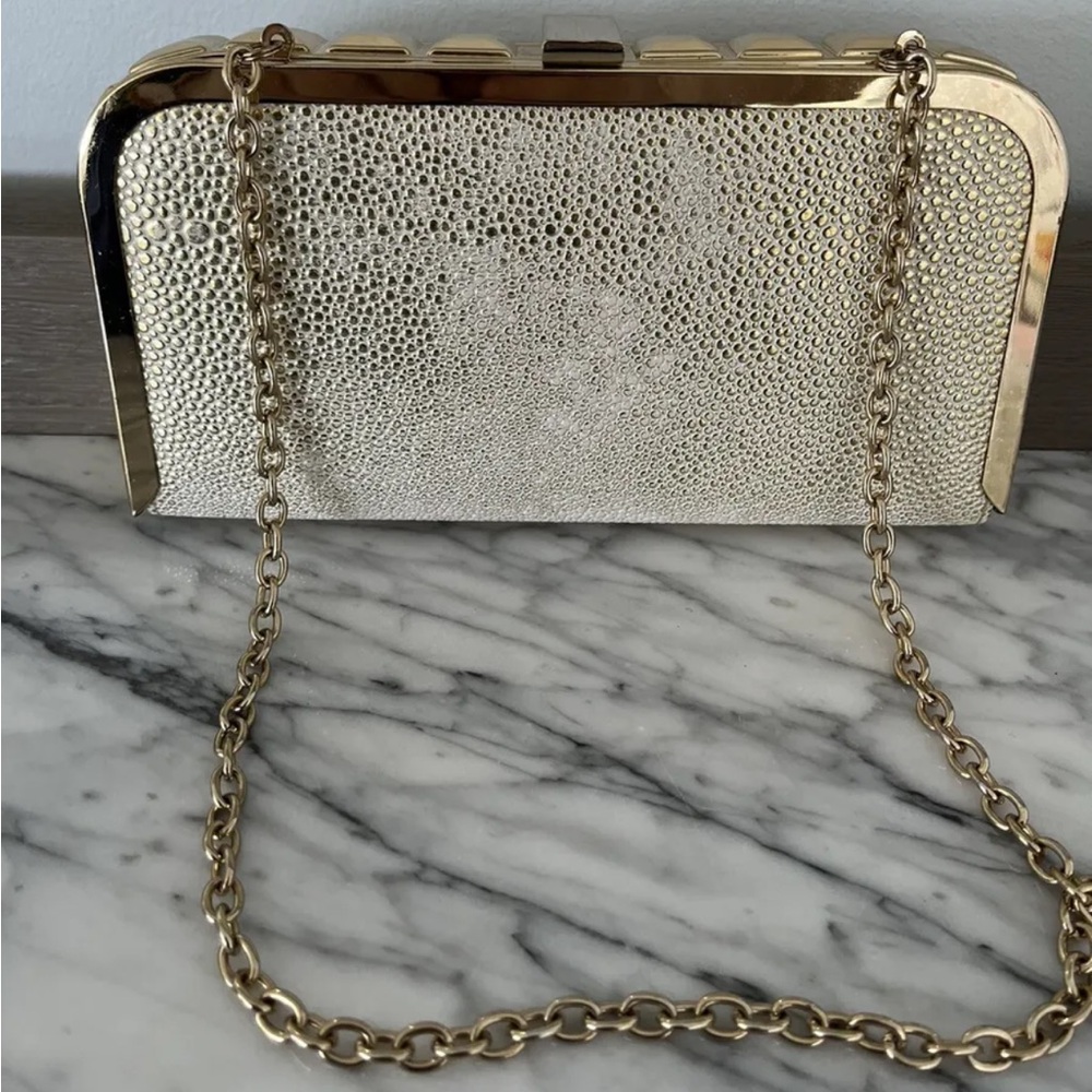 Kate Landry Gold Cream Hard Shell Case Purse Clutch Evening Bag Minauderie Metal